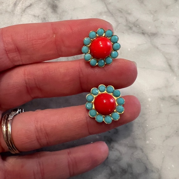 Coral & Turquoise Stud Earrings - Picture 2 of 4